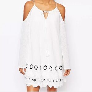 Moon River Open Shoulder Dress with Scalloped Trim